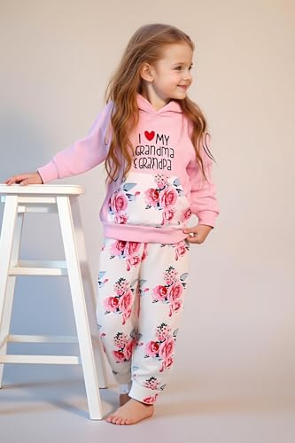 Image of 2PC Girls Clothes Girl letter and Floral print Hooded Set, letter print Top +Floral print Pants Set