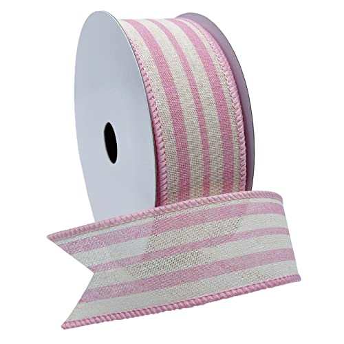 Morex Ribbon Wired Linen Spring Cabana Stripes Ribbon 1.5 inches by 10 Yards Pink 7579.40/10-020