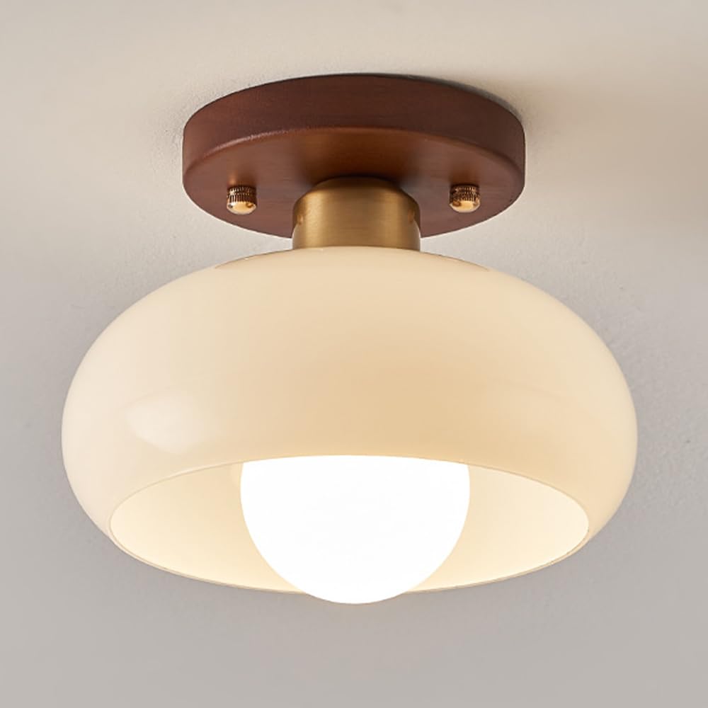 Nowoczesna Szklana Sufitowa Półpłaska, Do Korytarza, Mleczna Szklana Sufitowa, Orzechowe Drewno, Sufitowa Do Korytarza, Montowana Blisko Sufitu/28 Cm