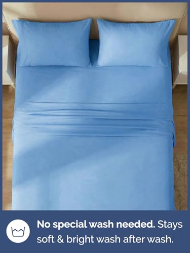 Image of Kids Queen Size Bed Sheet Set - 4 Piece Kids Loft Bed Sheets - Solid Blue Themed Bedding - Soft, Cute and Cozy - Breathable and Machine Washable - Bedding for Boys, Girls, Teens & Toddlers - Oeko-Tex