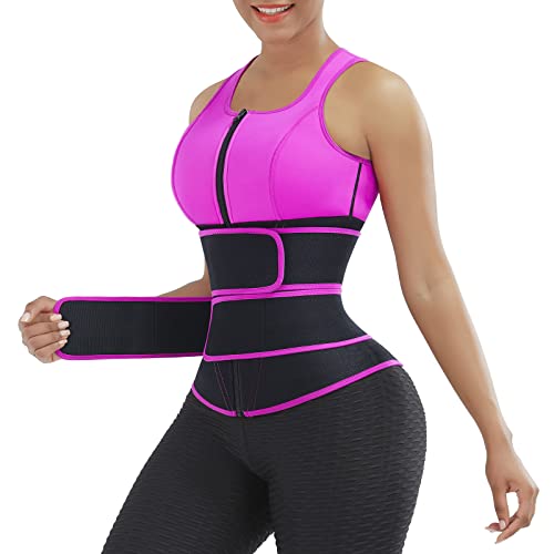 FeelinGirl Women Waist Trainer Vest 2 Strap Zipper Closure Neoprene Sweat Waist Cincher Corset Sauna Workout Body Shaper Waist Trimmer Belt Tank Top Pink 2XL