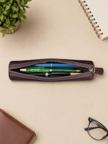 Image of Calfnero Genuine Leather Pen-Case for Men & Women | Premium Brown Leather Pencil-Pouch with Zipper | Cylindrical Pen-Holder Organizer for Pen, Pencils & Stationery | Unisex Pen-Sleeve