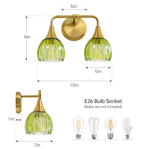 Image of Bathroom Vanity Light Fixtures: 2-Lights Vintage Bathroom Lights Over Mirror with Ribbed Green Tulip Glass Shade - 14 inch Brushed Gold Wall Sconce Bath Lighting