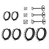 Black Hoop Earrings Sterling Silver Stud Earrings for Men Women 6 Pairs Hypoallergenic Tiny Cubic Zirconia Stud Set Cartilage Hoops 6mm 8mm 10mm