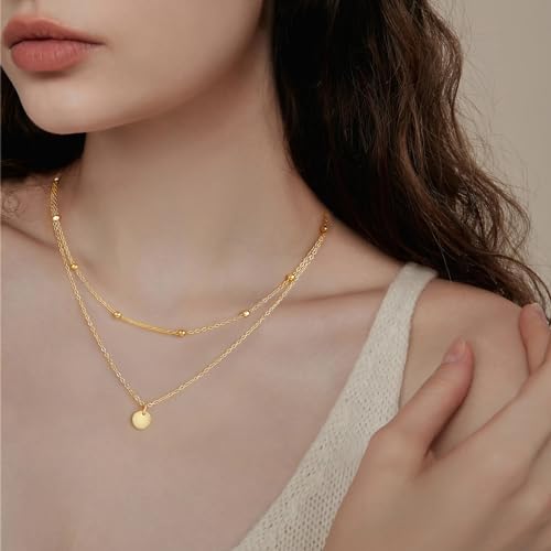 Mesovor Gold Layered Necklaces for Women, 18k Gold Plated Dainty Trendy Disc Pendant Necklace | Beaded Coin Diamond Snake Chain Choker Necklace Jewelry Gifts - Image 4