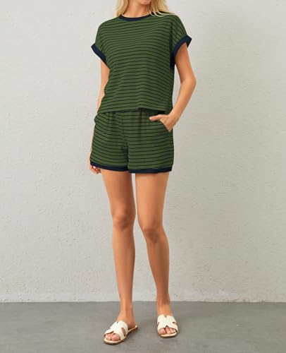 Image of MISSACTIVER 2 Piece Lounge Set Women Stripe Knit Short Sleeve Tee Shirts Shorts Casual Summer Loungewear Shorts Sets