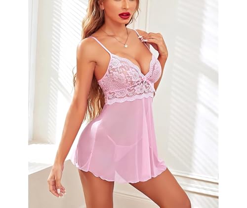 Image of Babydoll | Women's Plus Size Split Long Mesh Lingerie Dress Babydoll Chemise Sleepwear | Nightwear Sexy Above Knee Dress with G-String Panty