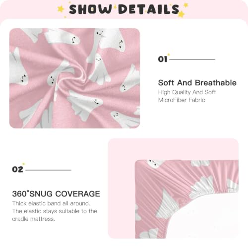 Image of Pfrewn Cute Halloween Crib Sheets for Girls Pink Halloween Ghost Fitted Crib Sheet Fits Standard Crib Mattress Pads Stretch Soft Toddler Baby Sheet, 52x28x9IN