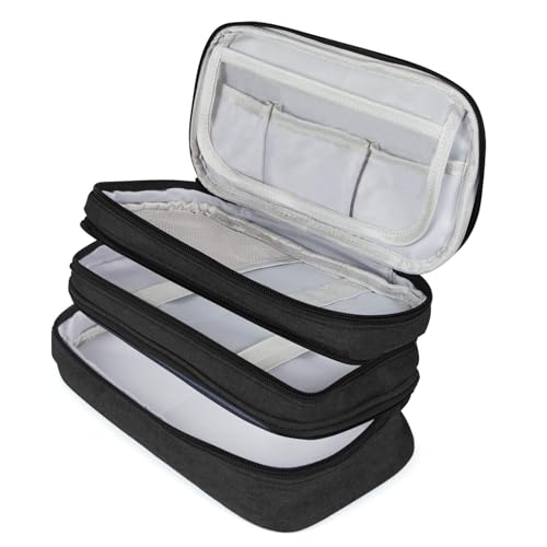 Image of Large Capacity Canvas Pencil Case With 3 Compartments - Black | Portable Canvas Stationery Organizer With Double Zippers, Simple for College, School, Office, Girl, Boy, Men, Women, Adult