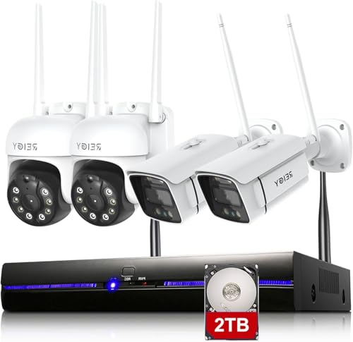 REIGY 10CH 5MP Sistema de Seguridad WiFi Exterior 2TB HDD, Kit Camara de Vigilancia IP, 4X 1920P Camara(2X PT CAM), Visión Nocturna Colorida Detección...