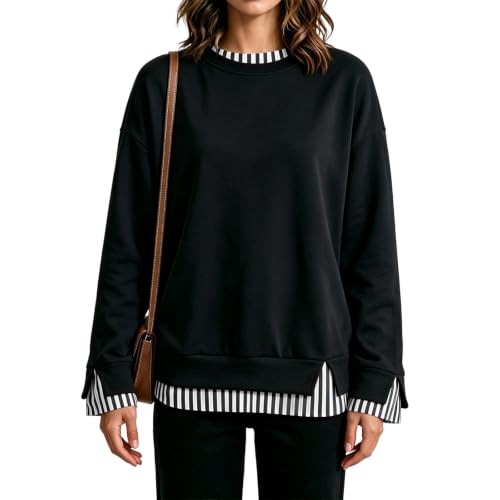 Women Striped Fake Two Piece Crew Neck Long Sleeves 2 in 1 Pullover Tops - image 2