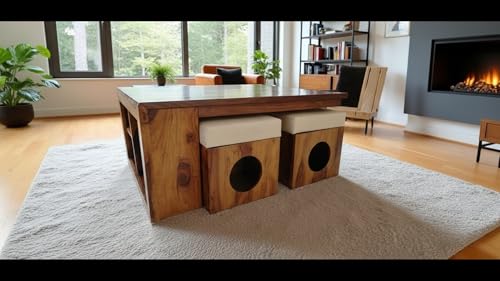 Image of Sheesham Wood Center Coffee Table with 4 Cushioned Stool Wooden Teapoye Table for Living Room Home (Natural Finish)