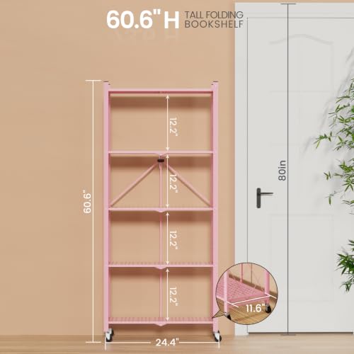 Image of ALANNG 60.6 Inch Folding Bookshelf, 5 Tier Metal Bookcase and Bookshelves | Tall Shelves for Living Room Office Bedroom, Heavy Duty Book Shelve Free Standing Open (Pink, 4PACK)