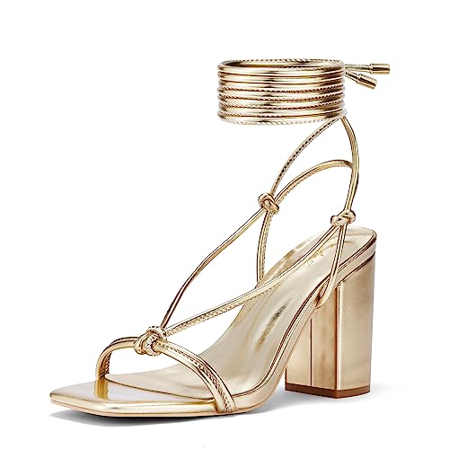 Elisabet Tang Women's Strappy Chunky Heels Sandals, 3 inch Low Block Heels Lace Up Ankle Wrap Heels Square Open Toe Tie Up Heeled Sandals Shoes