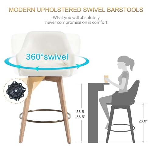 Image of Zesthouse Swivel Bar Stools Set of 2, Wooden Counter Height Barstools with Arm & Back, Upholstered PU Leather Counter Stools with Distressed Solid Wood Legs, High Chair for Kitchen Island, Cream White