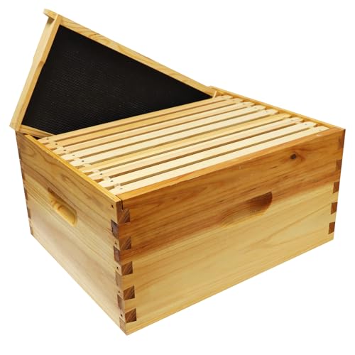 Hiveaura 10-Frame Langstroth Deep Brood Bee Hive Box Dipped in Beeswax Includes Wooden Frames & Waxed Foundations Unassembled for Beginner Beekeepers
