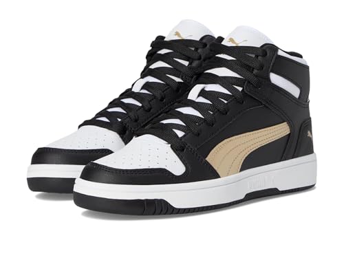 Puma, Unisex-Child, Rebound Layup Mid Hook and Loop, Puma Black-Puma Gold-Puma White, Big Kid 4 US