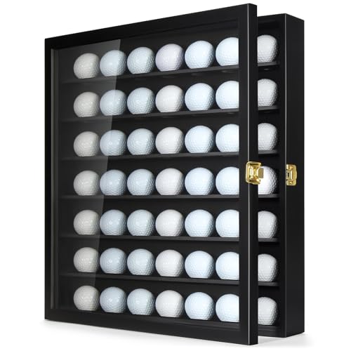 Image of TJ.MOREE White Golf Ball Display Case for 49 Balls, Golf Ball Holder Display Case Wall Mount, Shadow Box with Locks for Collector Memorabilia Autograph Balls