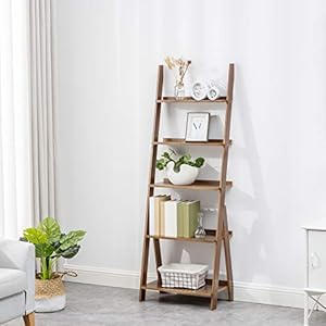 Bookshelf ladder shelf storage rack multipurpose bamboo organizer shelves furniture for home office living room kitchen office 5 tier brown  urban country home decor