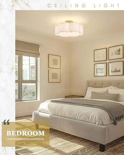 Image of Gold Semi Flush Mount Ceiling Lights, 6-Light 18Inch Ceiling Light Fixtures with Fabric Shade in Flower Shape, Farmhouse Brass Drum Lighting for Nursery Bedroom Kitchen, AD-22007-6SF-GD