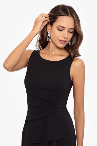 Image of Betsy & Adam Women's Long Bodycon Sleeveless Boat Neck Evening Gown with Side Slit Ruffle