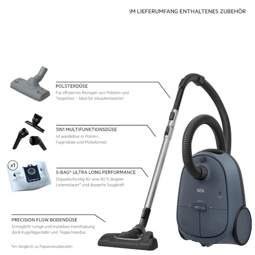 AEG CLEAN 6000 Staubsauger mit Beutel, Hohe Saugleistung, inkl. Zusatzdüsen, 50% Recyclingkunststoff, Ideal für Haustierbesitzer, Reinigen von Polstern, 12 m Kabel, 850 W, Blau, AB61C2DB