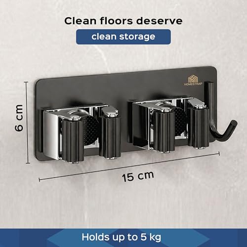 Image of HomeStrap Dual Stick-On Mop & Broom Holder with Rubber Grip | Stainless Steel Wall Holder with Hook for Mops, Brooms, Wiper & Towels | No Drilling Waterproof Self-Adhesive Hook for Daily Use|Set of 1