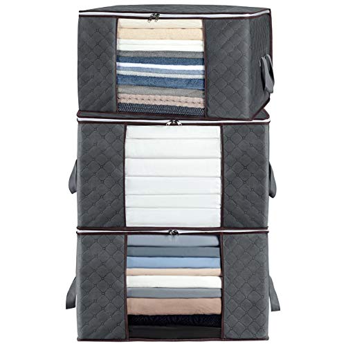 TOTANKI 3-Pack 90L Large Clothes Storage Bag Organizer with Reinforced Handle for Comforters, Blankets, Bedding, Collapsible Under Bed Storage (Grey)