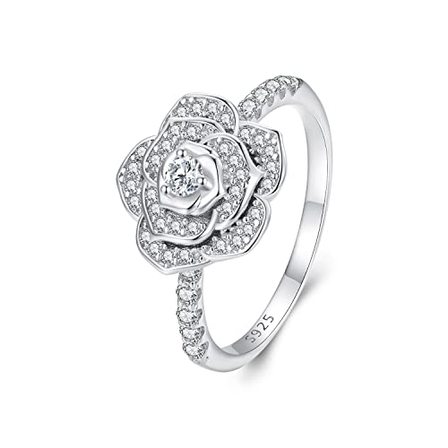 925 Sterling Silver Rose Flower Ring Wedding Band Engagement Primise Ring for Women White Gold Plated Silver Ring Anniversary Valentine's Day Birthday Mother's Day Jewelry Gift for Women