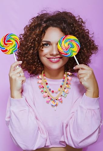 Candy Layered Necklaces for Women Novelty Colorful Beads Lollipop Sweet Candy Bear Ice Cream Dessert Cake Pendant Choker Necklace for Birthday Halloween Holiday Party Jewelry Gift 6
