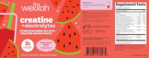 Image of Wellah Creatine + Electrolytes Powder (Watermelon Slush) 30 Servings - Hydration Drink Mix with 3g of Creatine Monohydrate