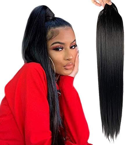 VAVANGA Natural Black Synthetic Long Ponytail Extensions for Women 30 Inches Straight Yaki Drawstring High Ponytail Clip-in Hairpiece for Black Women(30", 1B#)