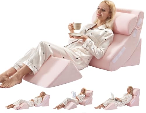 WSOFRLAC 4PCS Orthopedic Bed Wedge Pillow Set for Post Surgery Recovery - Adjustable Memory Foam Support Pillows for Back/Leg/Shoulder Pain Relief, Acid Reflux & Anti Snoring Sleeping System, Pink