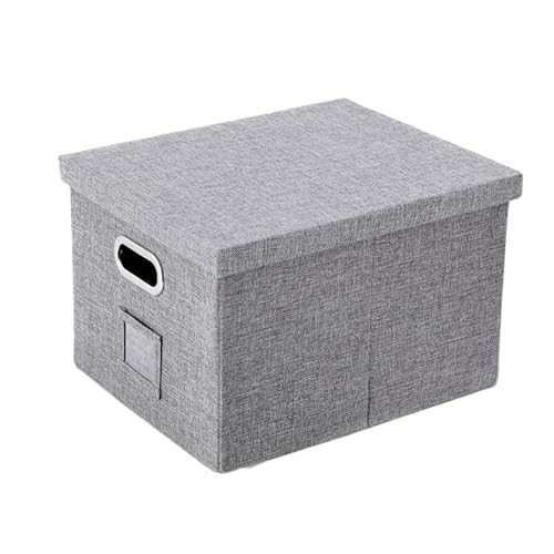 File Organizer Box with Lid Large File Storage Box Foldable Linen Organizer Easy Slide Crates with Lid or Office,Study,Home Filing Storage Bin 41x34x27cm(Grey)
