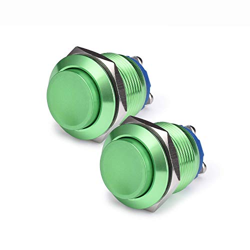 APIELE (Pack of 2) 19MM Momentary Push Button Switch 5A Aluminium Alloy Shell 12V 24V 36 DC 110V 250V AC 5A 1NO SPST Screw Terminal (Green Shell)