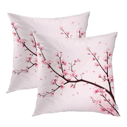 Batmerry Flower Pink Plum Decorative Pillow Covers, 16 x 16 Inch Pink Cherry Blossom Flower Double Sided Throw Pillow Covers Sofa Cushion Cover Square 16 Inches(Set of 2)