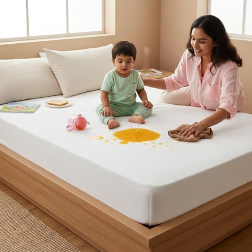Image of Naksh Mattress Protector King Size Cotton (72x78x10 Inch Drop), White | Fitted Elastic Waterproof Bed Protector | Soft Absorbent Terry Fabric | Heavy Quality | Leak & Spill Protection