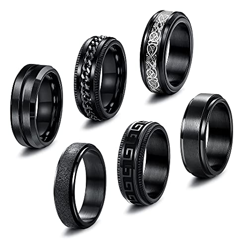 FIBO STEEL 6Pcs Black Spinner Rings for Men Women Fidget Rings Cool Chain Inlaid Greek Key Rings Stainless Steel Stress Relieving 8mm Wide Wedding Promise Band Rings Set Size 6-13