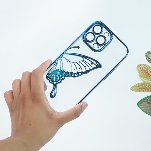Image of PEEPERLY Back Cover Case for iPhone 14 Pro Max Scratch Resistant Anti-Slip TPU Shockproof Protective Durable Glowing Butterfly Transparent Case for Girls & Women(Blue)
