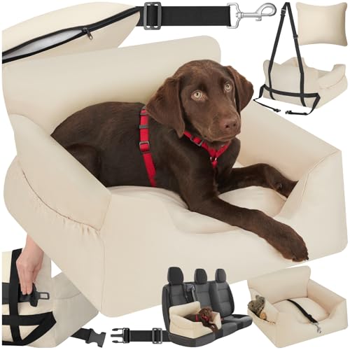 tectake® Asiento Perro Coche, Asiento de Coche para Perros pequeños y medianos, Correa Perro Coche Ajustable, cojin Asiento Coche Lavable, Protector Coche Perros, Transporte Perro Coche - Beige
