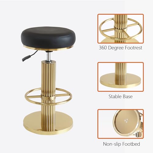 Image of Gold Bar Stools Set of 3 Adjustable Swivel Backless Counter Stool | 360 Swivel, 25.6 inch-29.5 inch Adjustable, Leather Thick Cushion, Stainless Steel Frame, 350 lbs Capacity, Gold
