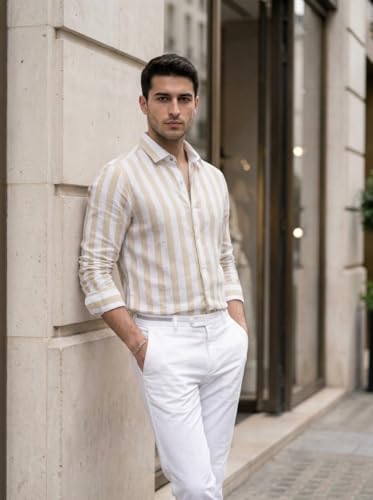 Image of IndoPrimo Men's Striped Cotton Shirt | Slim Fit Stylish Casual Shirt for Man | Full Sleeve Summer Wear Vertical Stripe Shirt for Office, Vacation