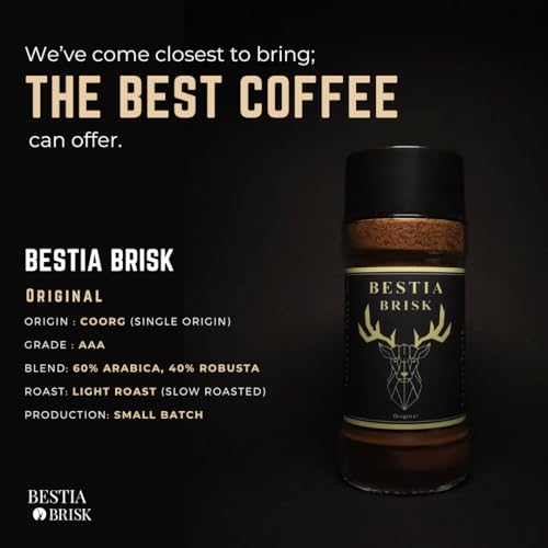 Image of Bestia Brisk Instant Coffee Original, Light Roast, 4-6 Hours Energy, Preservative-Free, No Chicory, Zero Sugar, Slow Roasted, Gourmet, 60% Arabica & 40% Robusta, AAA Grade, Coorg, Single Origin, 100g