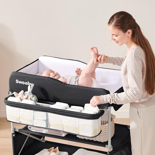 Image of Sweeby Portable Baby Changing Table, Foldable Diaper Changing Station with Waterproof Pad, Mobile Nursery Organizer for Infant & Newborn Essentials, Black