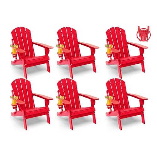 GREENVINES Folding-Adirondack-Chairs-Set-of-6 | HDPE Plastic | Fire Pit Chair | All Weather | Cup Holder | Red | for Deck Backyard Patio Outdoor Garde