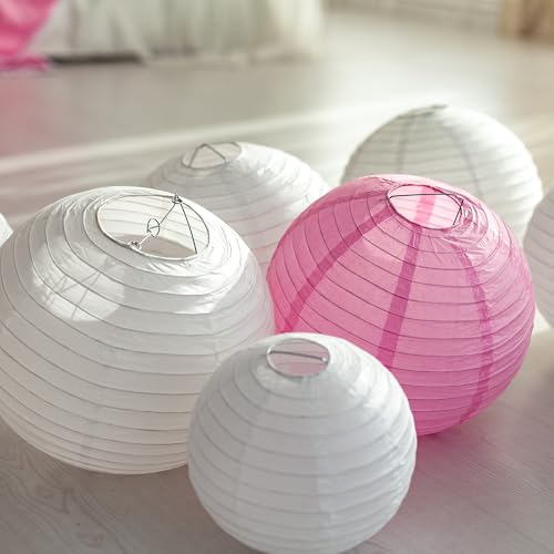 Image of Mudra Crafts Mixed Size Round Chinese White Paper Lanterns Hanging Decor | 10 PCs, Reusable, Indoor Outdoor Decorative Lamp Shade, for Ceiling, Wedding, Shower, Party, Festival, Home Decoration