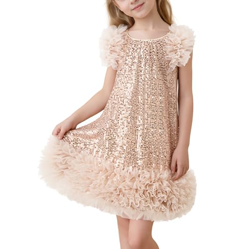 Tutu.kk Girls Sequin Gown A-Line Dress Sparkly Sleeveless Dress Cuff Shoulder Party Outfit for Gilrs Champagne 5-6 Years