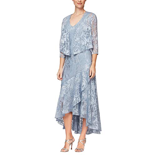 Image of Alex Evenings Womens Sleeveless Printed Chiffon Midi Spring /Summer Mother of The Bride Dress with Jacket & High-Low Hemline