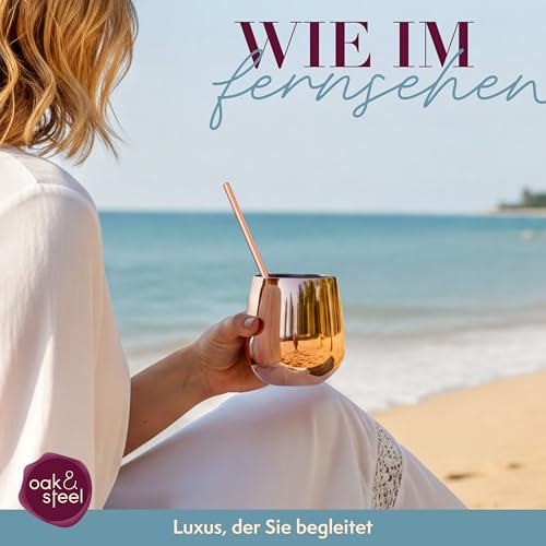 Foto von Oak & Steel - 4 Edelstahl Roségold Weingläser ohne Stiel, 4 Metallstrohhalme & Reinigungsbürste, 350 ml - Doppelwandig, Robust & Unzerbrechlich - Geschenkset für Weihnachten