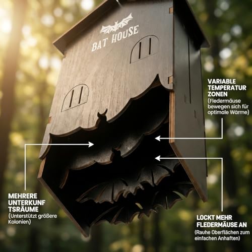 Fledermauskasten aus Holz mit 3-Kammer-System für bessere Ansiedlung, DIY-Bausatz, einfach zu montieren und zu installieren, wetterfest für Garten und Hauswand, Fledermauskasten Growzelt